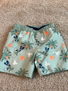 Mickey Mouse Boys Green Palm-Print Swim Shorts Orange Sun Accent Size 4T NWOT